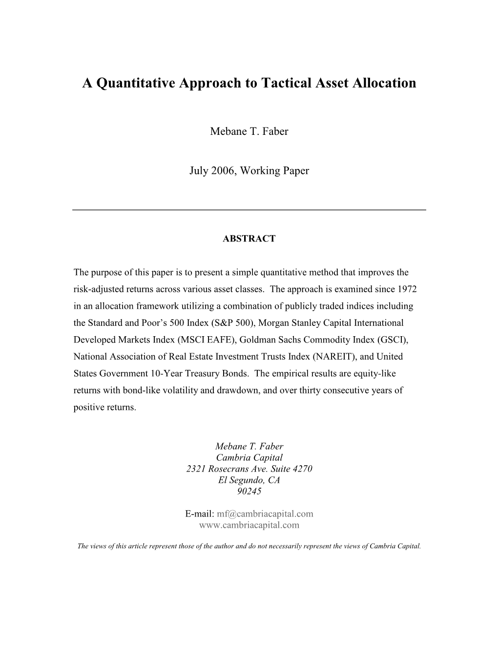 A Quantitative Approach to Tactical Asset Allocation