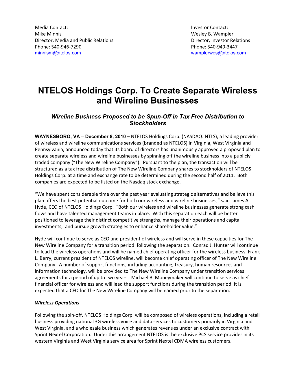 NTELOS Holdings Corp. to Create Separate Wireless and Wireline Businesses