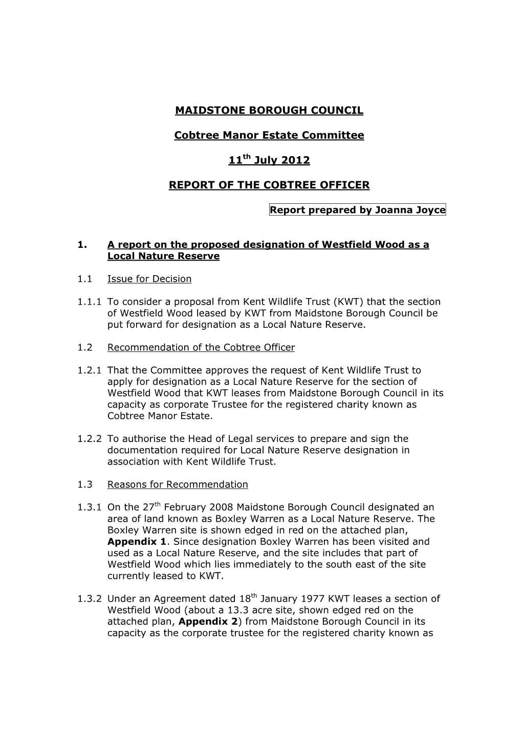Cabinet, Council Or Committee Report for Westfield Wood Local