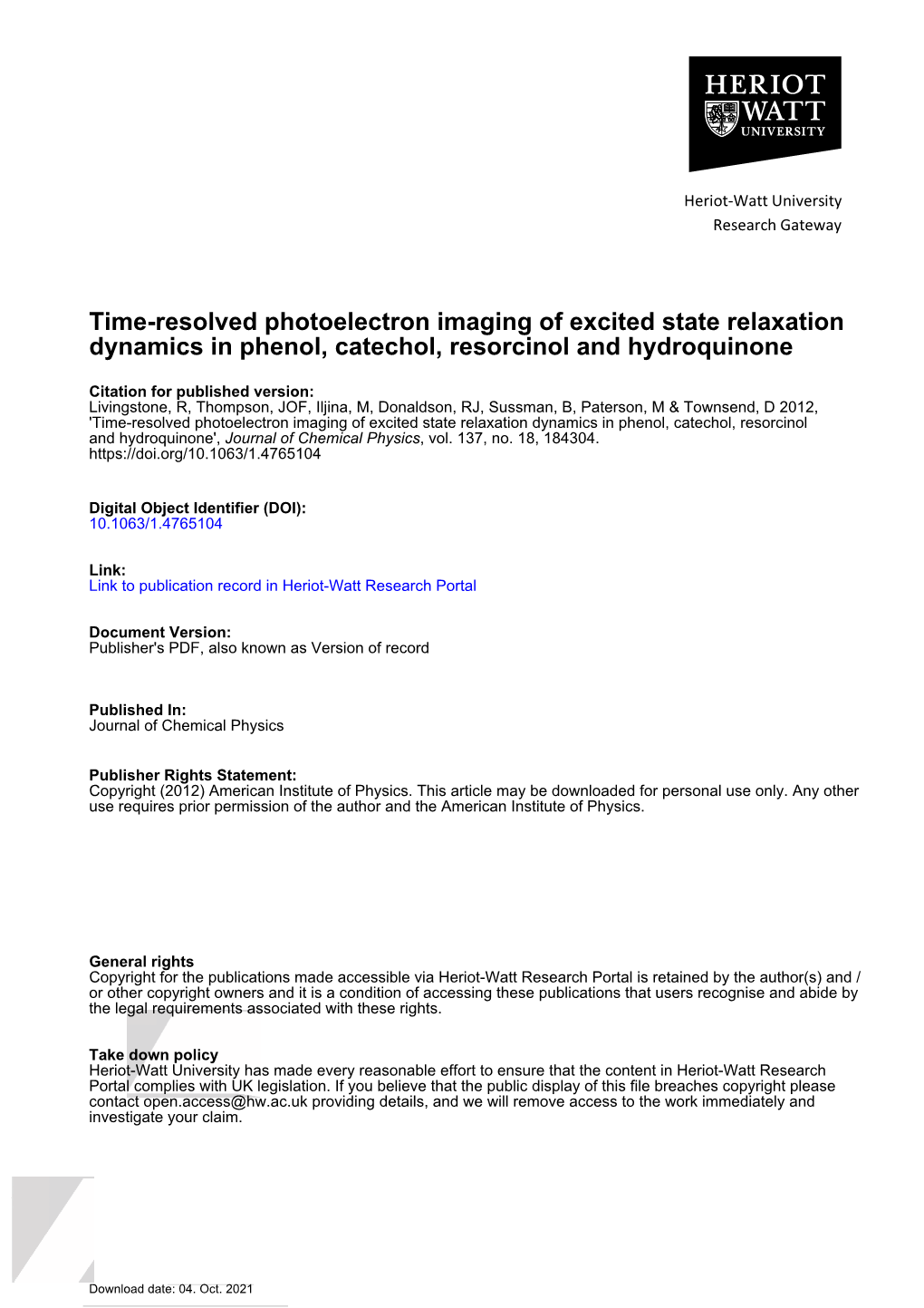 Time-Resolved Photoelectron Imaging of Excited State Relaxation Dynamics in Phenol, Catechol, Resorcinol and Hydroquinone