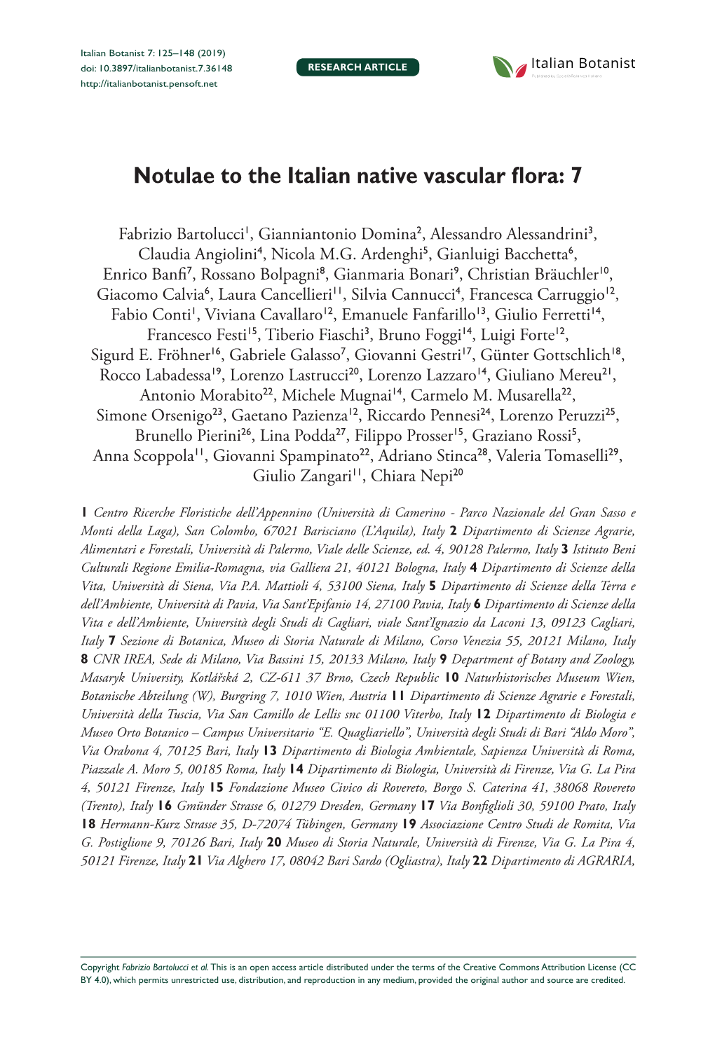 Notulae to the Italian Native Vascular Flora: 7 125 Doi: 10.3897/Italianbotanist.7.36148 RESEARCH ARTICLE