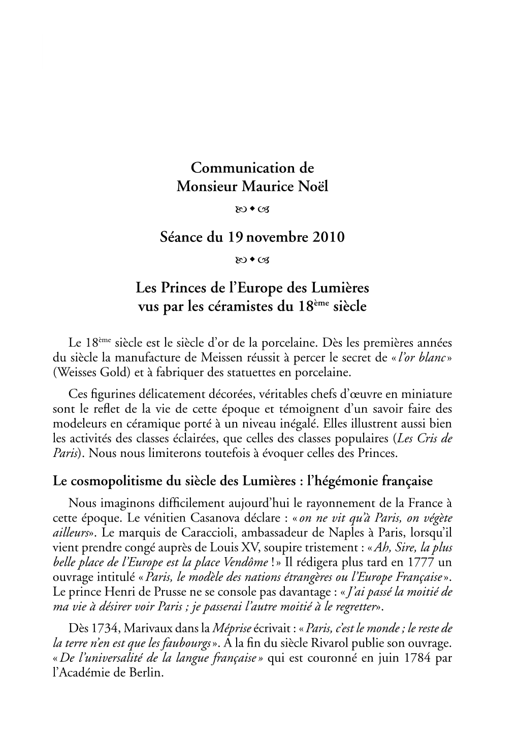 Communication De Monsieur Maurice Noël Séance Du 19Novembre 2010