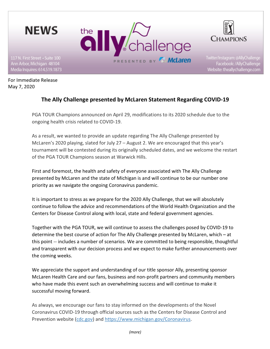 The Ally Challenge Presented by Mclaren Statement Regarding COVID-19