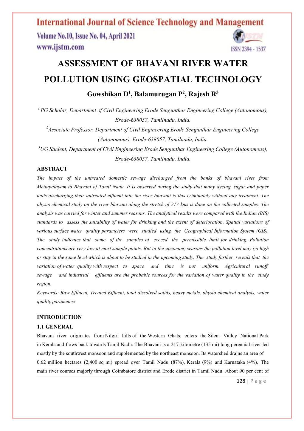 Assessment of Bhavani River Water Pollution Using Geospatial Technology