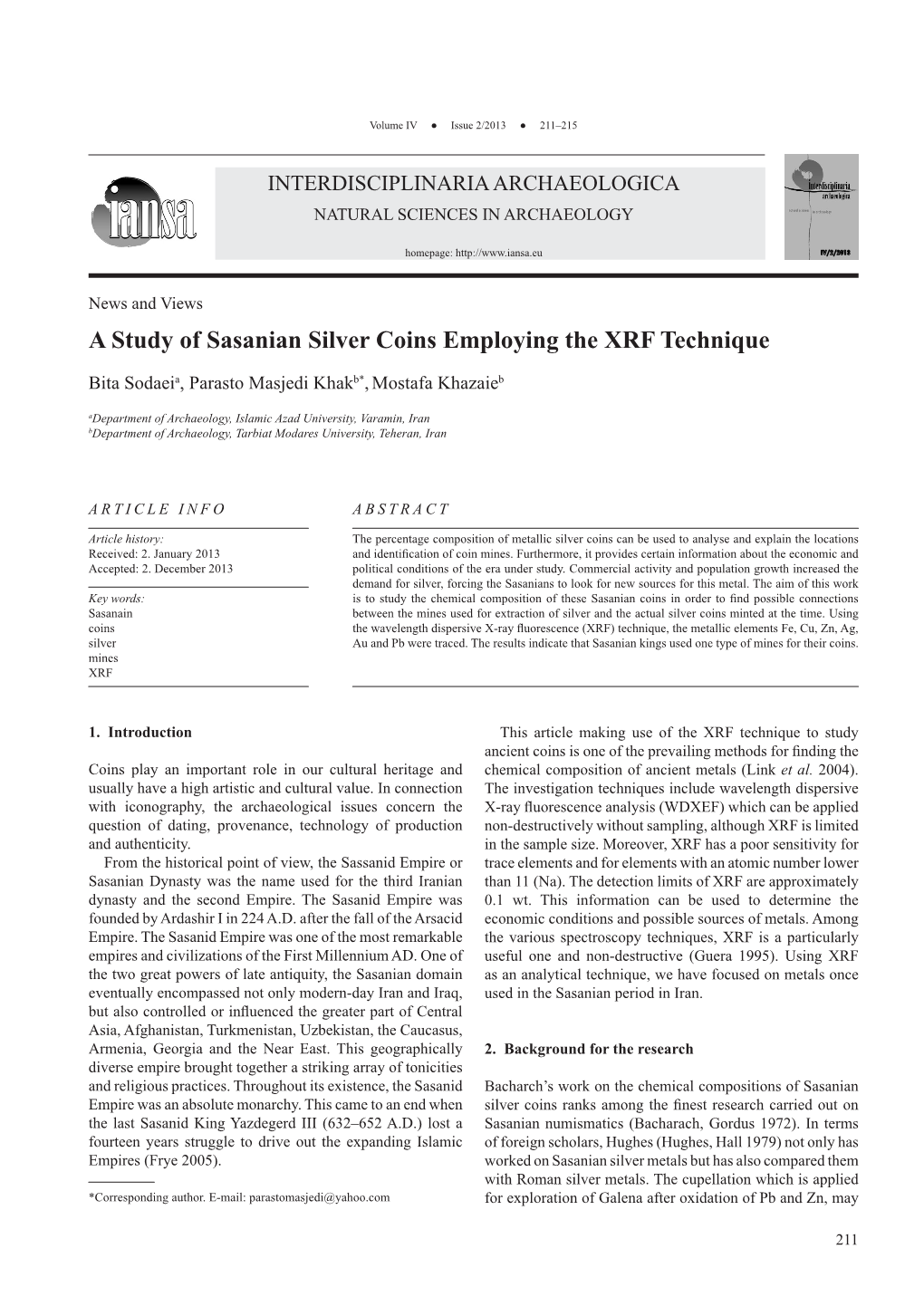 A Study of Sasanian Silver Coins Employing the XRF Technique