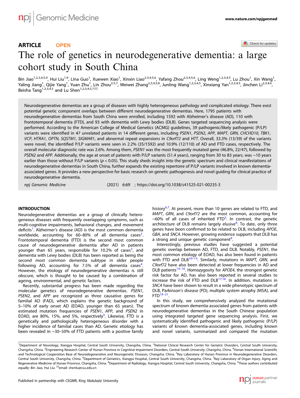 The Role of Genetics in Neurodegenerative Dementia: a Large Cohort Study in South China