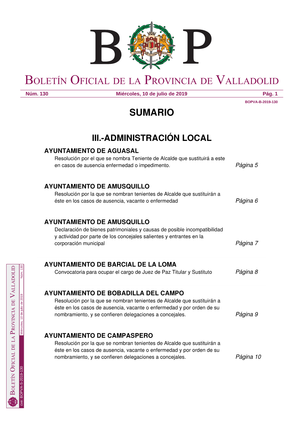 Sumario Boletín Oficial De La Provincia De Valladolid