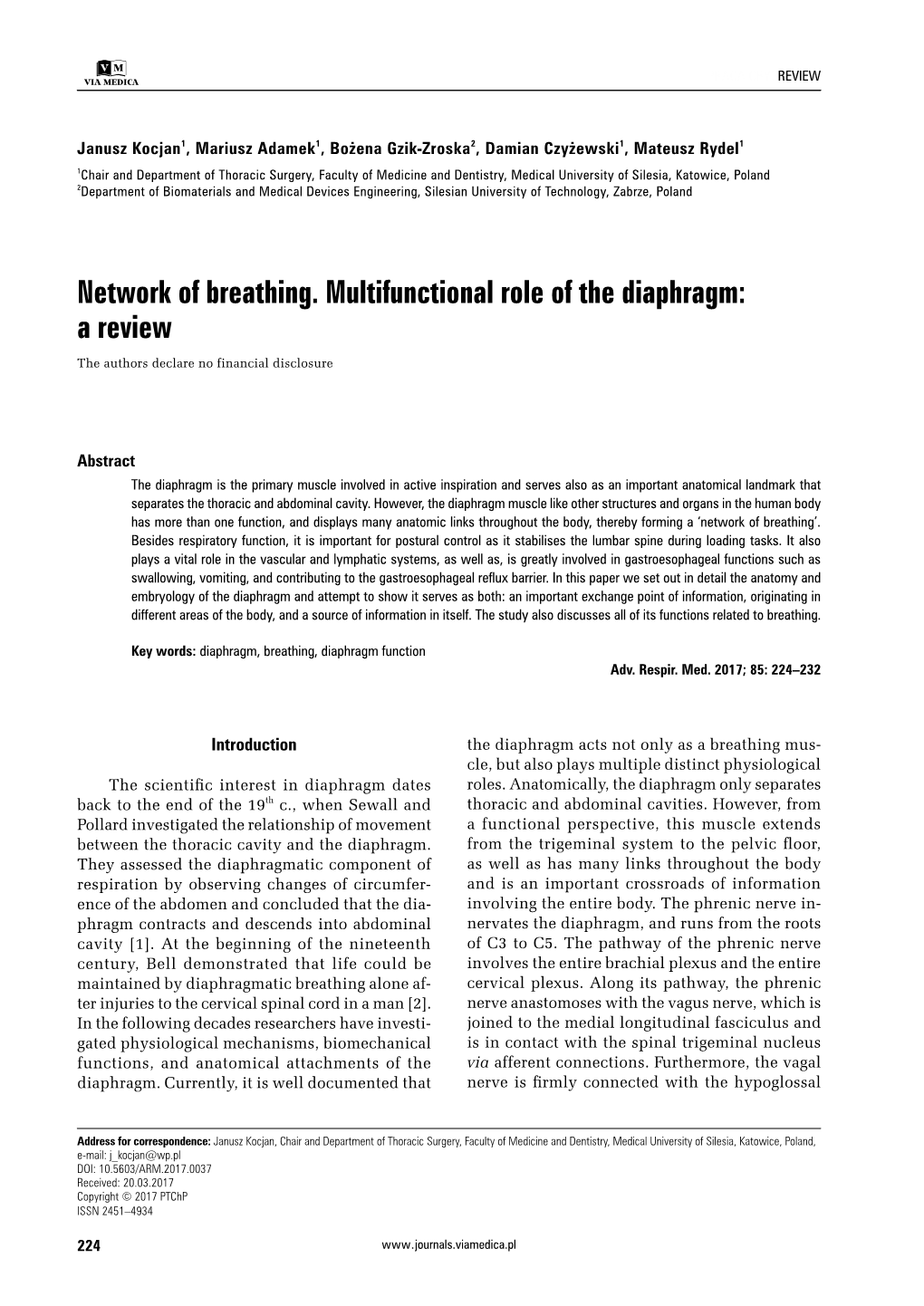 Network of Breathing. Multifunctional Role of the Diaphragm: a Review