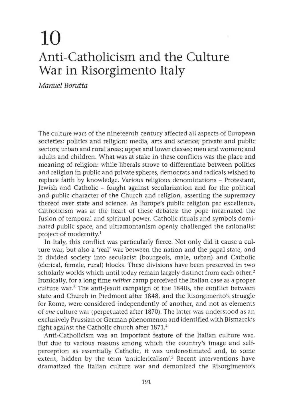 Anti-Catholicism and the Culture War in Risorgimento Italy Manuel Borutta