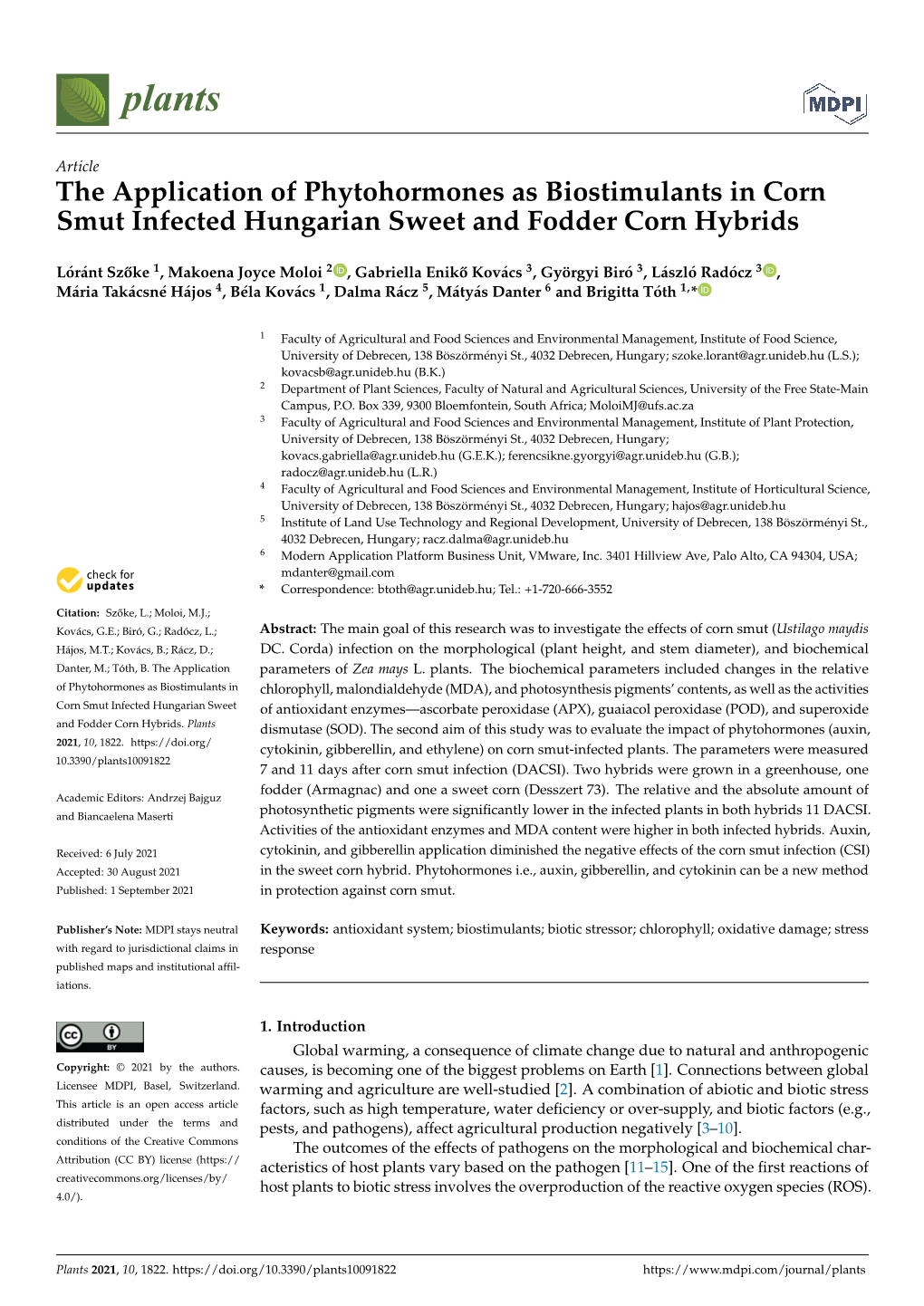 The Application of Phytohormones As Biostimulants in Corn Smut Infected Hungarian Sweet and Fodder Corn Hybrids