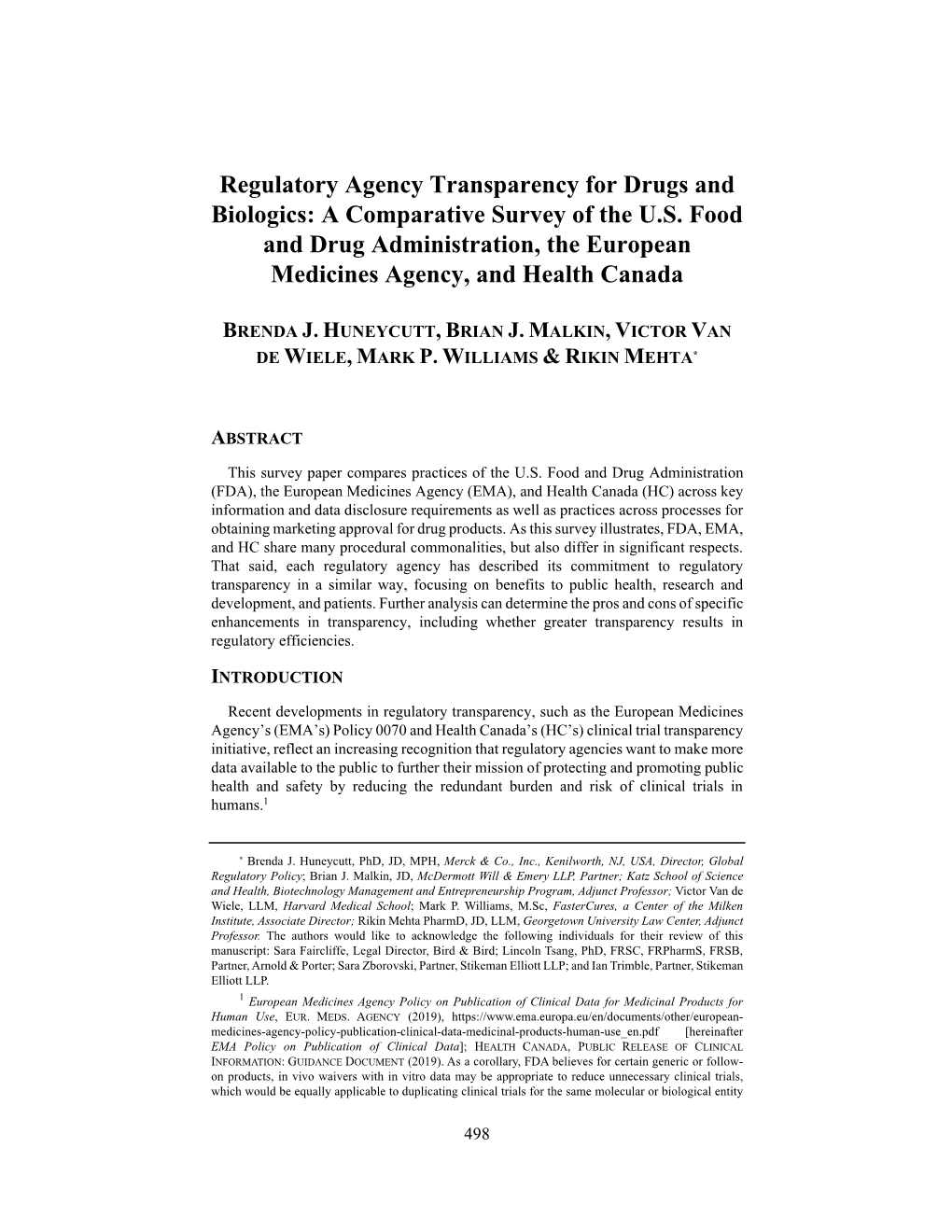 Regulatory Agency Transparency for Drugs and Biologics: a Comparative Survey of the U.S