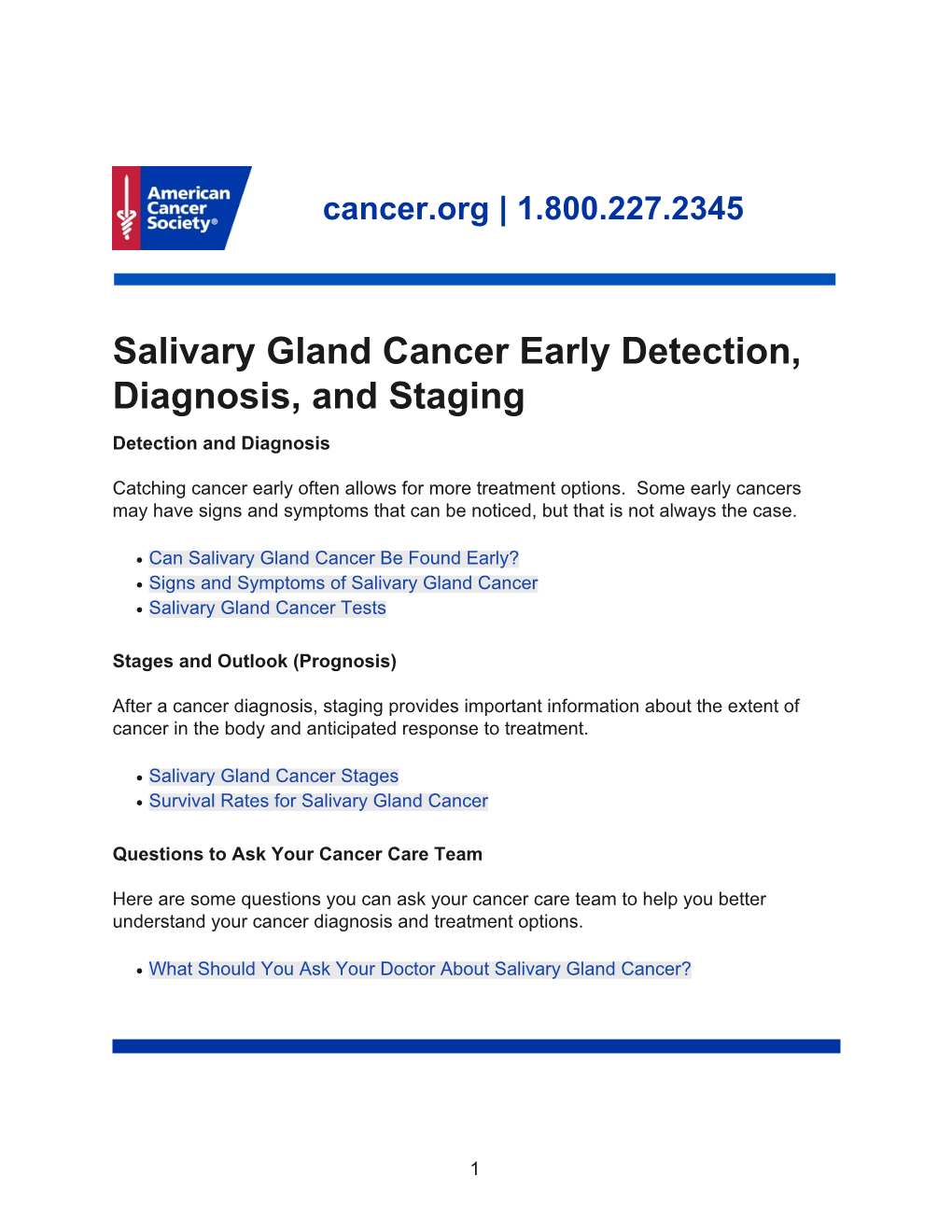 Salivary Gland Cancer Early Detection, Diagnosis, and Staging Detection and Diagnosis