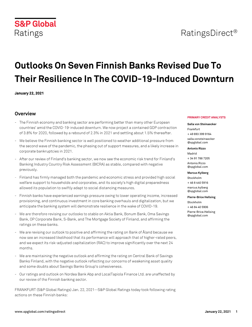 Outlooks on Seven Finnish Banks Revised Due to Their Resilience in the COVID-19-Induced Downturn