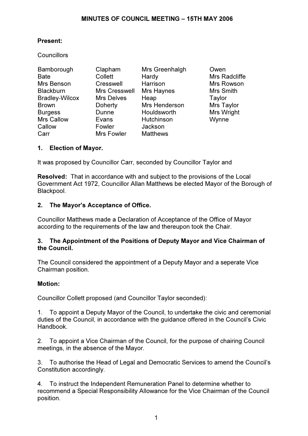 Minutes of Council Meeting – 15Th May 2006