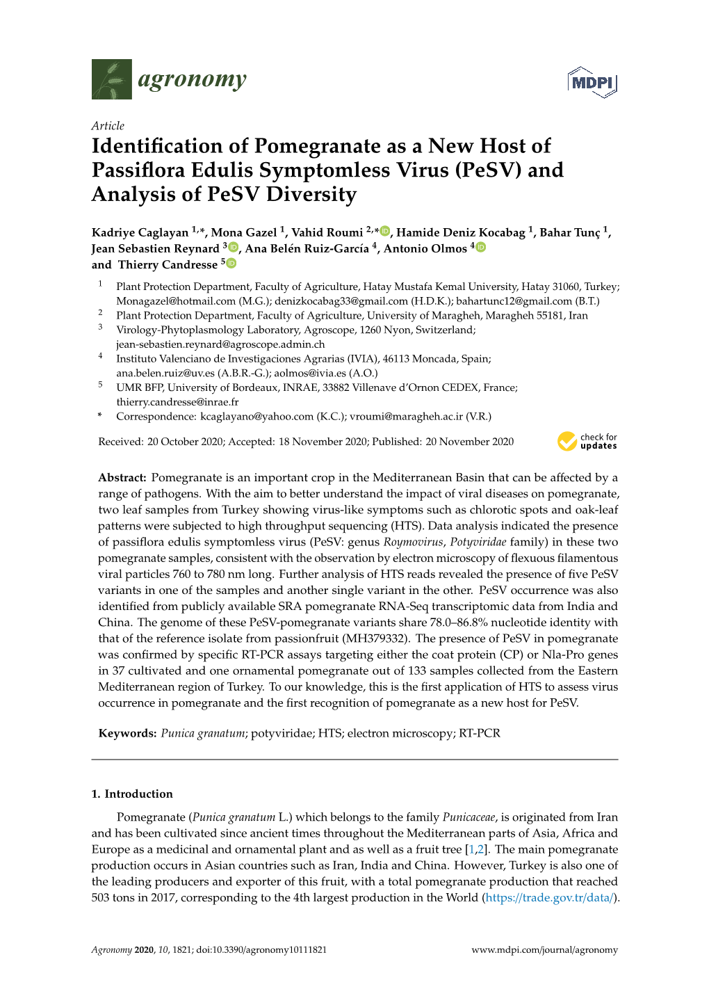 Identification of Pomegranate As a New Host of Passiflora