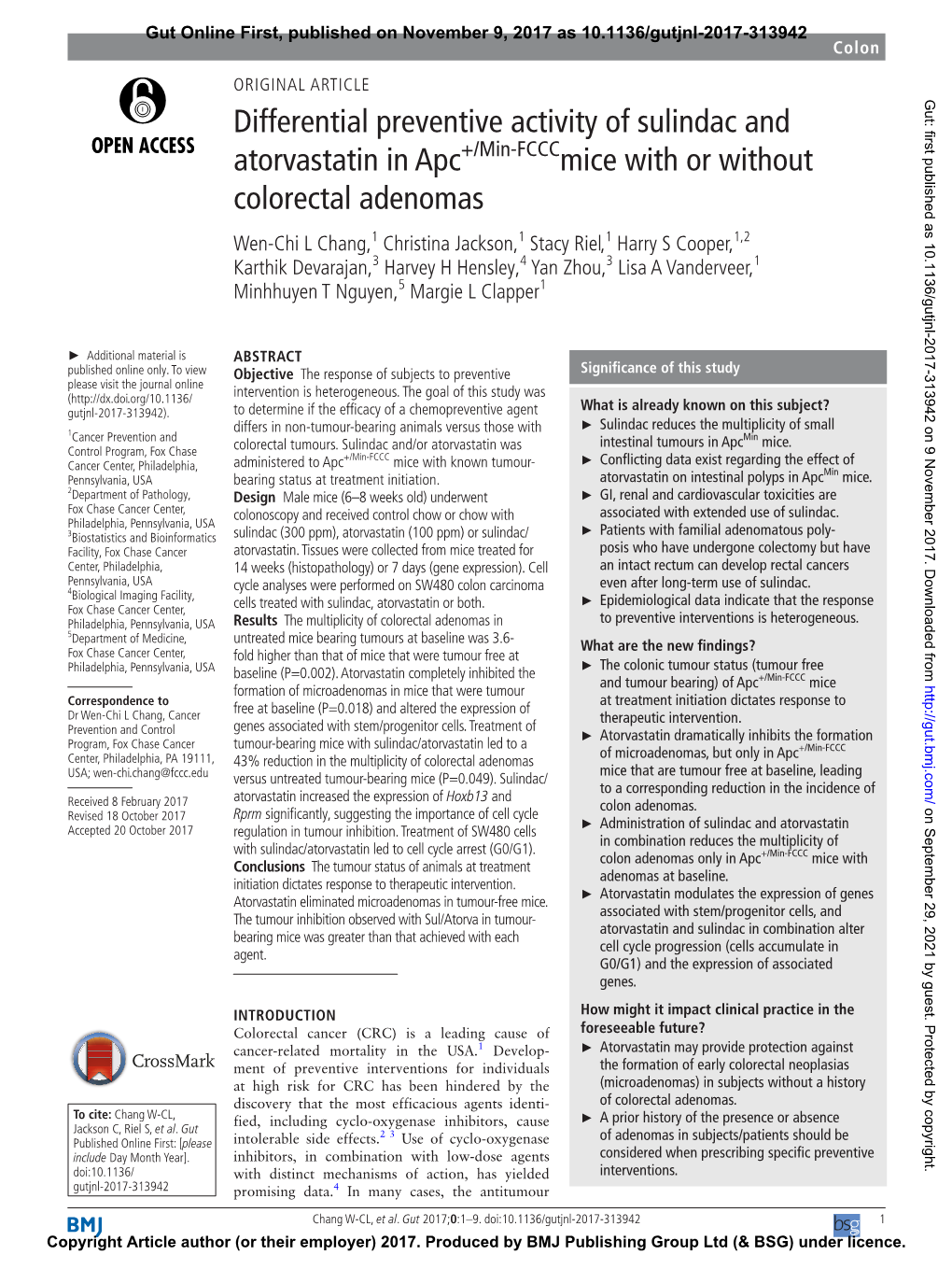 Differential Preventive Activity of Sulindac and Atorvastatin in Apc+