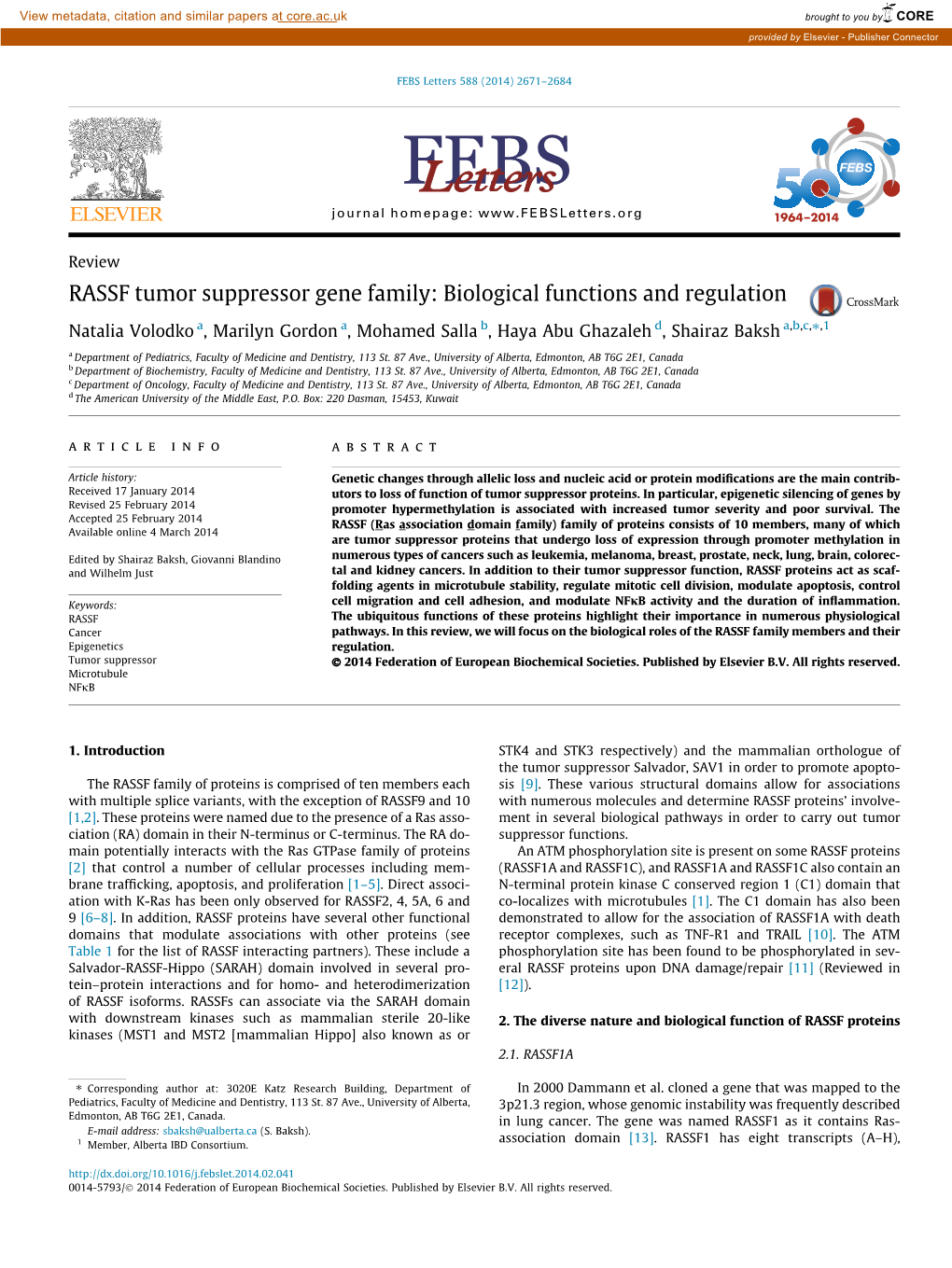 RASSF Tumor Suppressor Gene Family