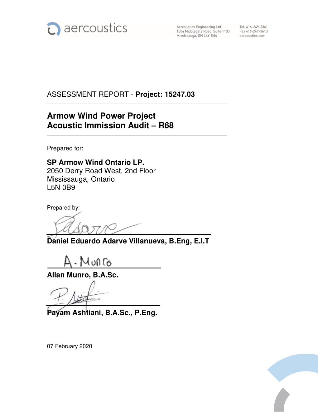Armow Wind Power Project Acoustic Immission Audit – R68
