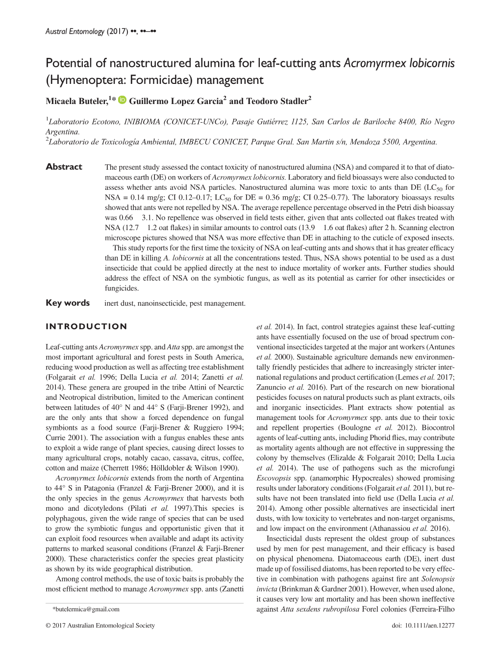 Potential of Nanostructured Alumina for Leaf-Cutting Ants Acromyrmex Lobicornis