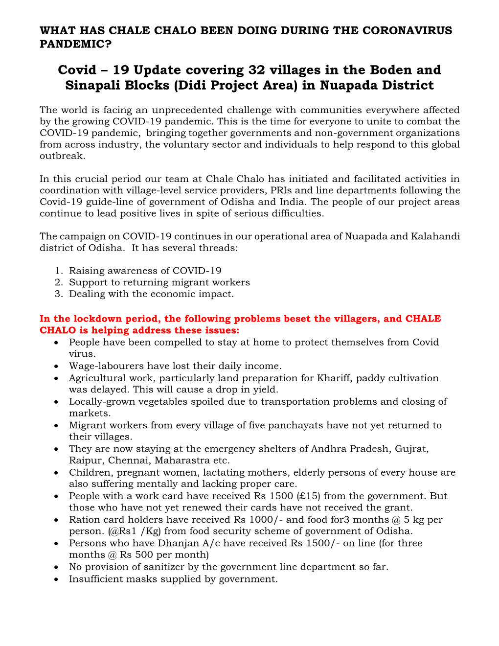 Covid – 19 Update Covering 32 Villages in the Boden and Sinapali Blocks (Didi Project Area) in Nuapada District