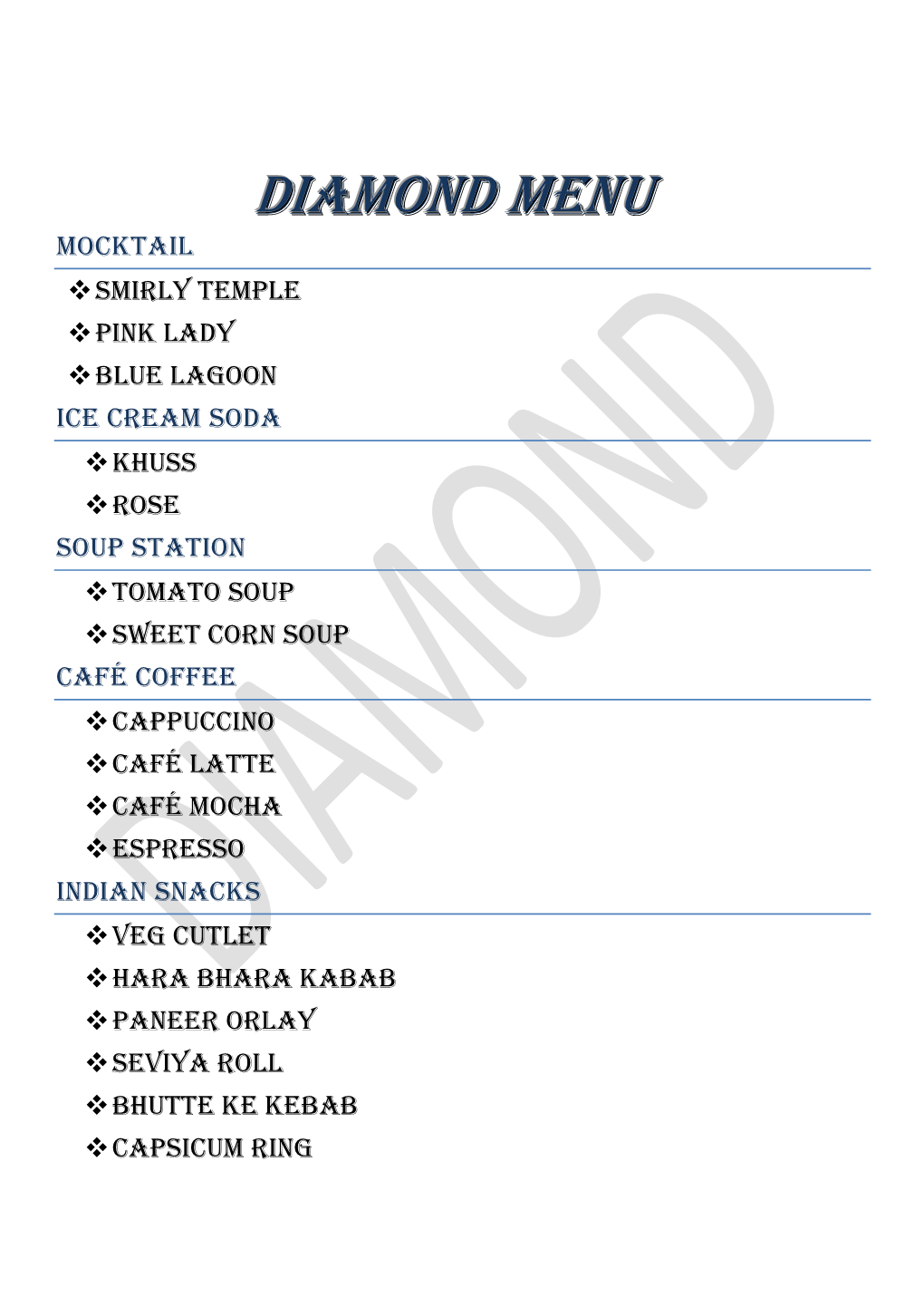 Diamond Menu