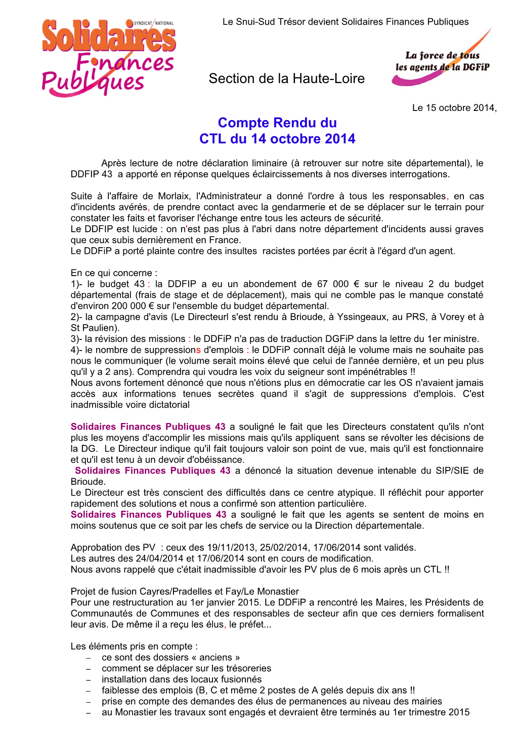 Section De La Haute-Loire Compte Rendu Du CTL Du 14 Octobre 2014