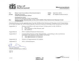 Richmond Olympic Oval Corporation Re: Notice to the Shareholder of the 2014 AGM of the Richmond Olympic Oval Corporation