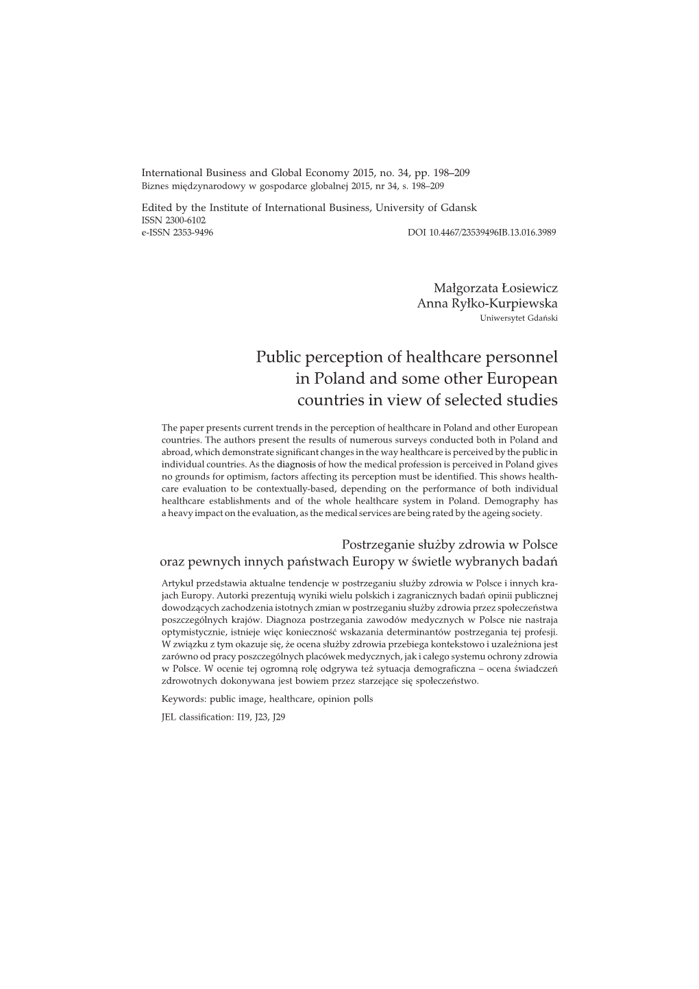 Public Perception of Healthcare Personnel in Poland and Some Other European Countries in View of Selected Studies