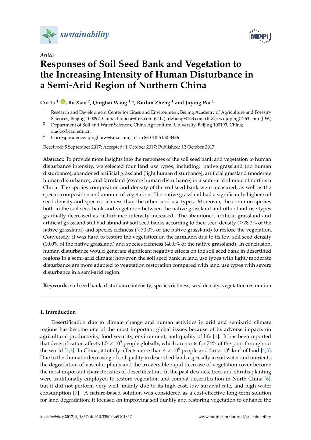 Responses of Soil Seed Bank and Vegetation to the Increasing Intensity of Human Disturbance in a Semi-Arid Region of Northern China