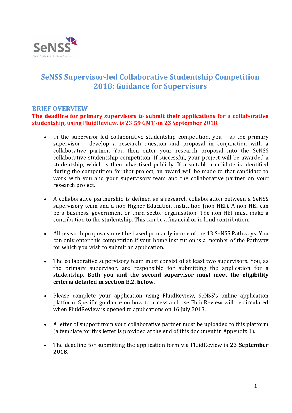 Senss Supervisor-Led Collaborative Studentship Competition 2018: Guidance for Supervisors
