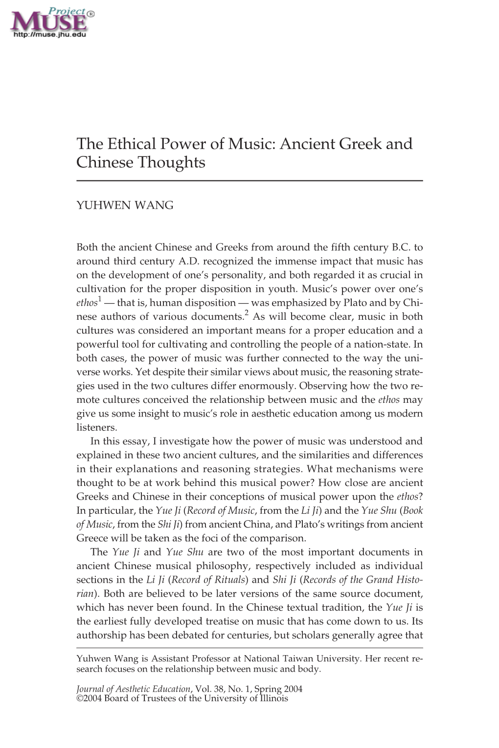 The Ethical Power of Music: Ancient Greek and Chinese Thoughts