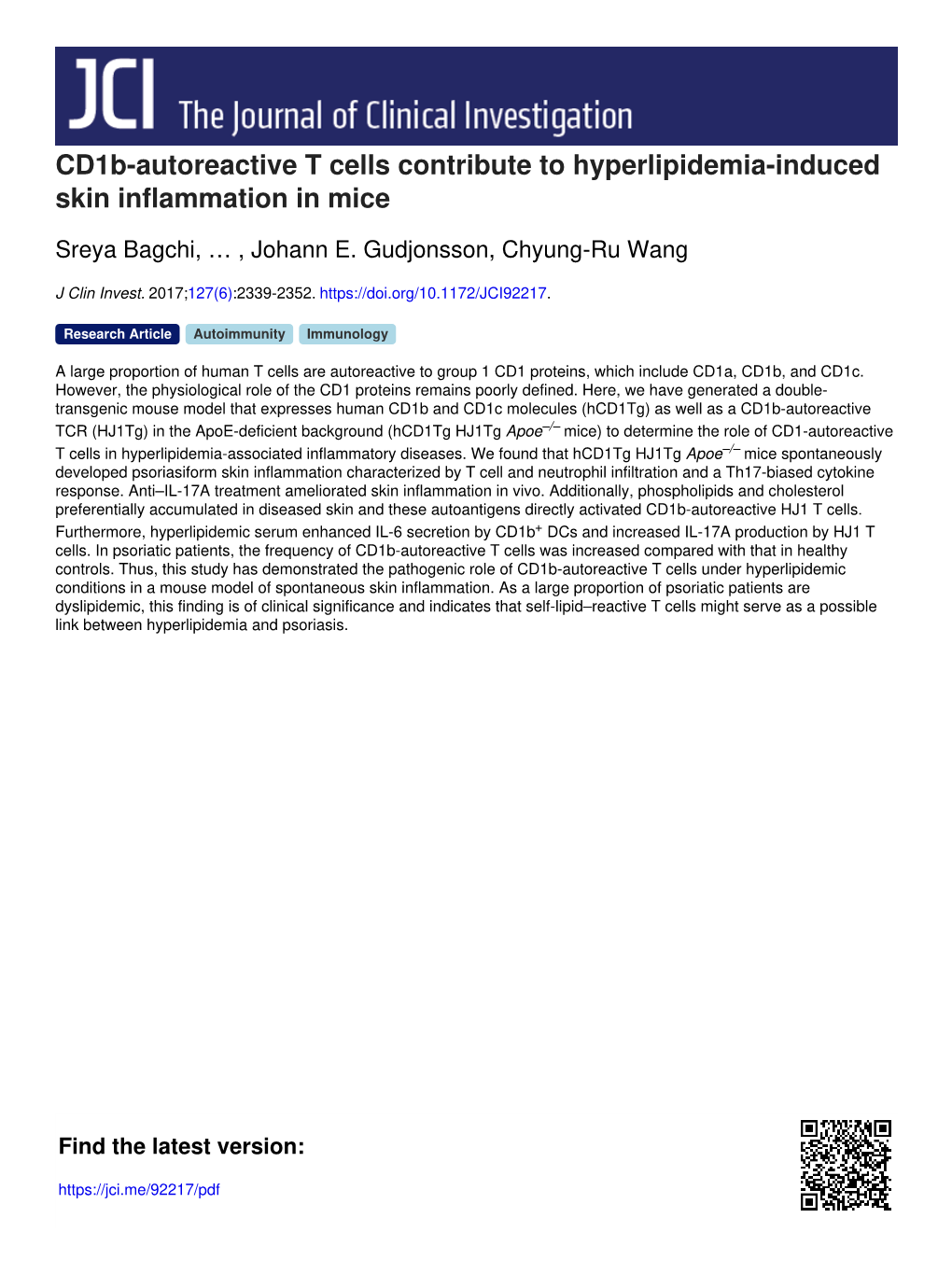 Cd1b-Autoreactive T Cells Contribute to Hyperlipidemia-Induced Skin Inflammation in Mice