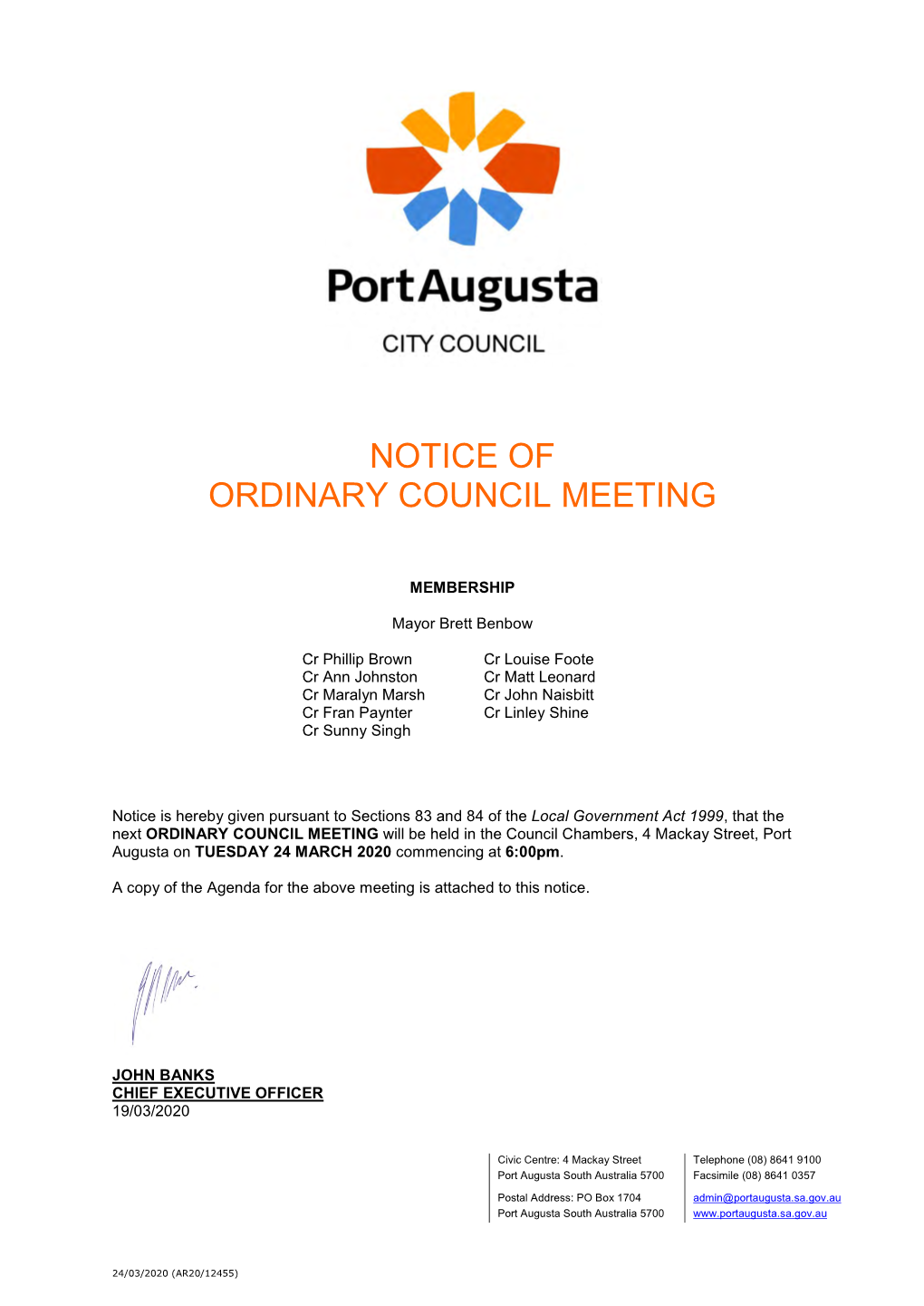 Notice of Ordinary Council Meeting