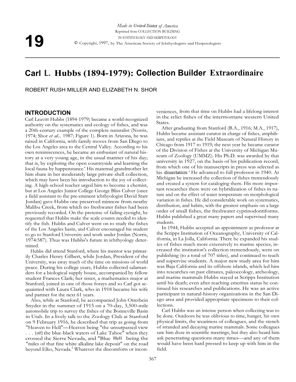 Carl L. Hubbs (1894-1979): Collection Builder Extraordinaire