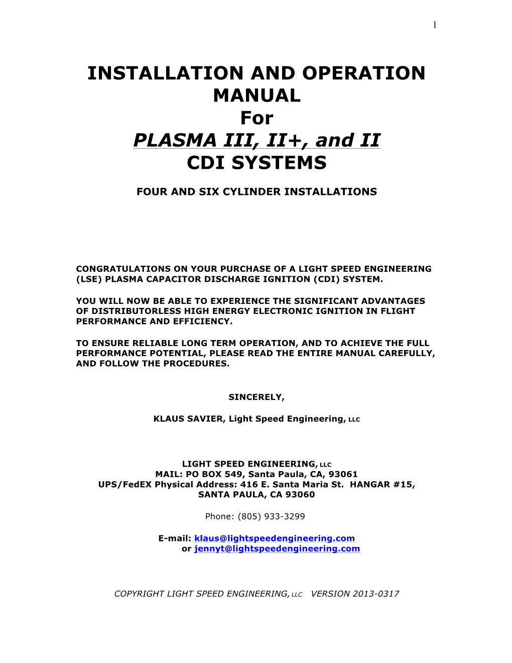 Installation Manual PLASMA Installation Manual PLASMA Installation Manual