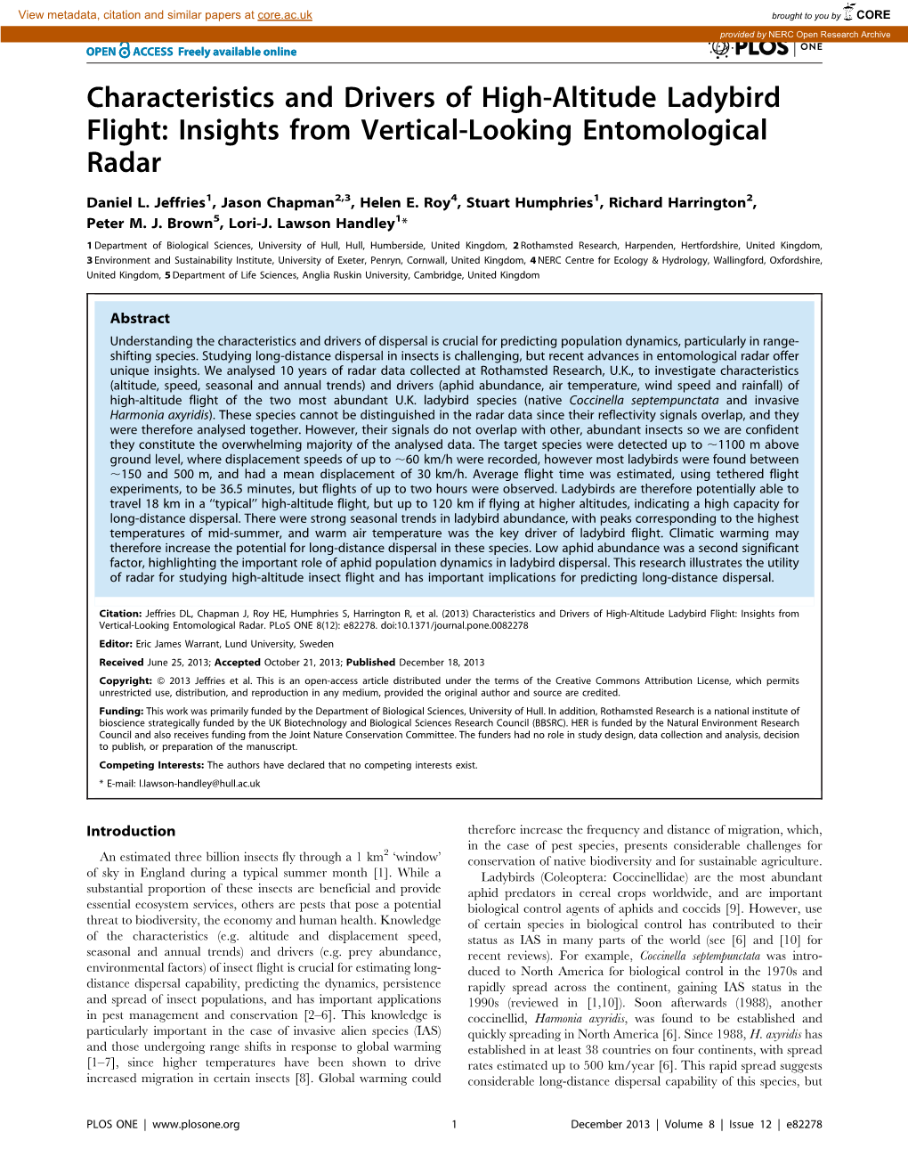 Characteristics and Drivers of High-Altitude Ladybird Flight: Insights from Vertical-Looking Entomological Radar