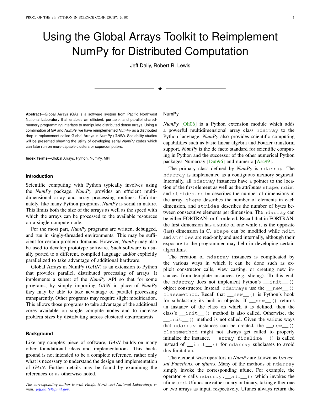 Using the Global Arrays Toolkit to Reimplement Numpy for Distributed Computation