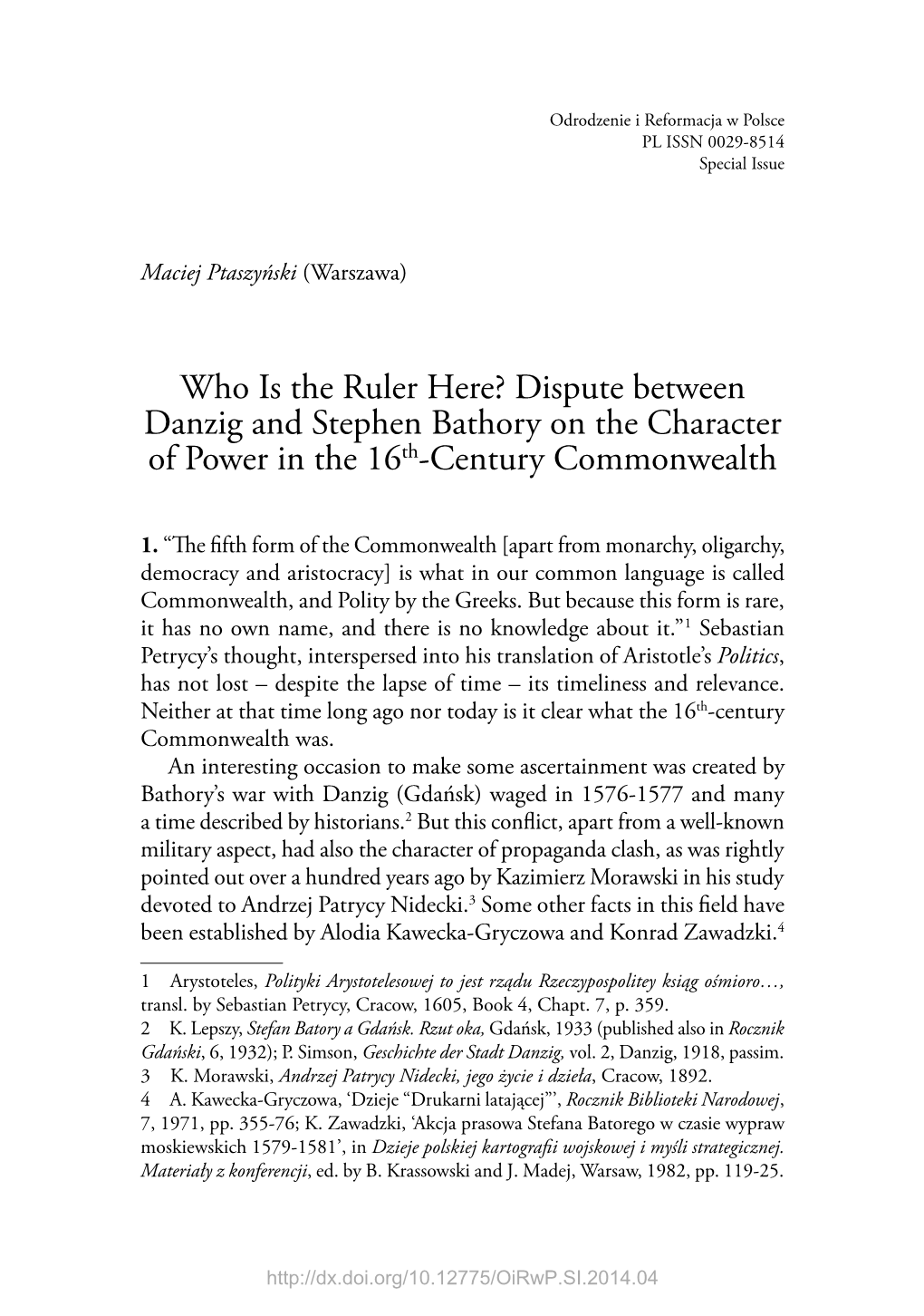 Dispute Between Danzig and Stephen Bathory on the Character of Power in the 16Th‑Century Commonwealth