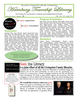 Hamburg Township Library Newsletter for Community Residents and Neighborhood Friends