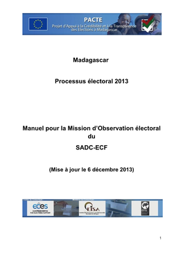 Madagascar Processus Électoral 2013 Manuel Pour La Mission D'observation Électoral Du SADC-ECF