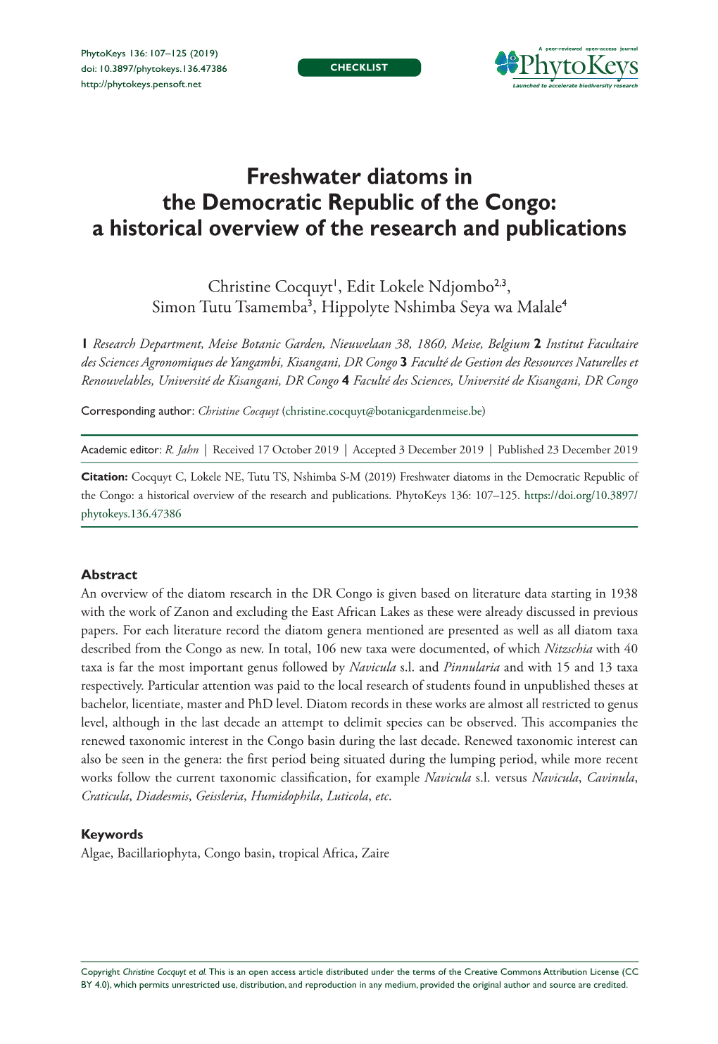 Freshwater Diatoms in the Democratic Republic of the Congo: a Historical Overview of the Research and Publications