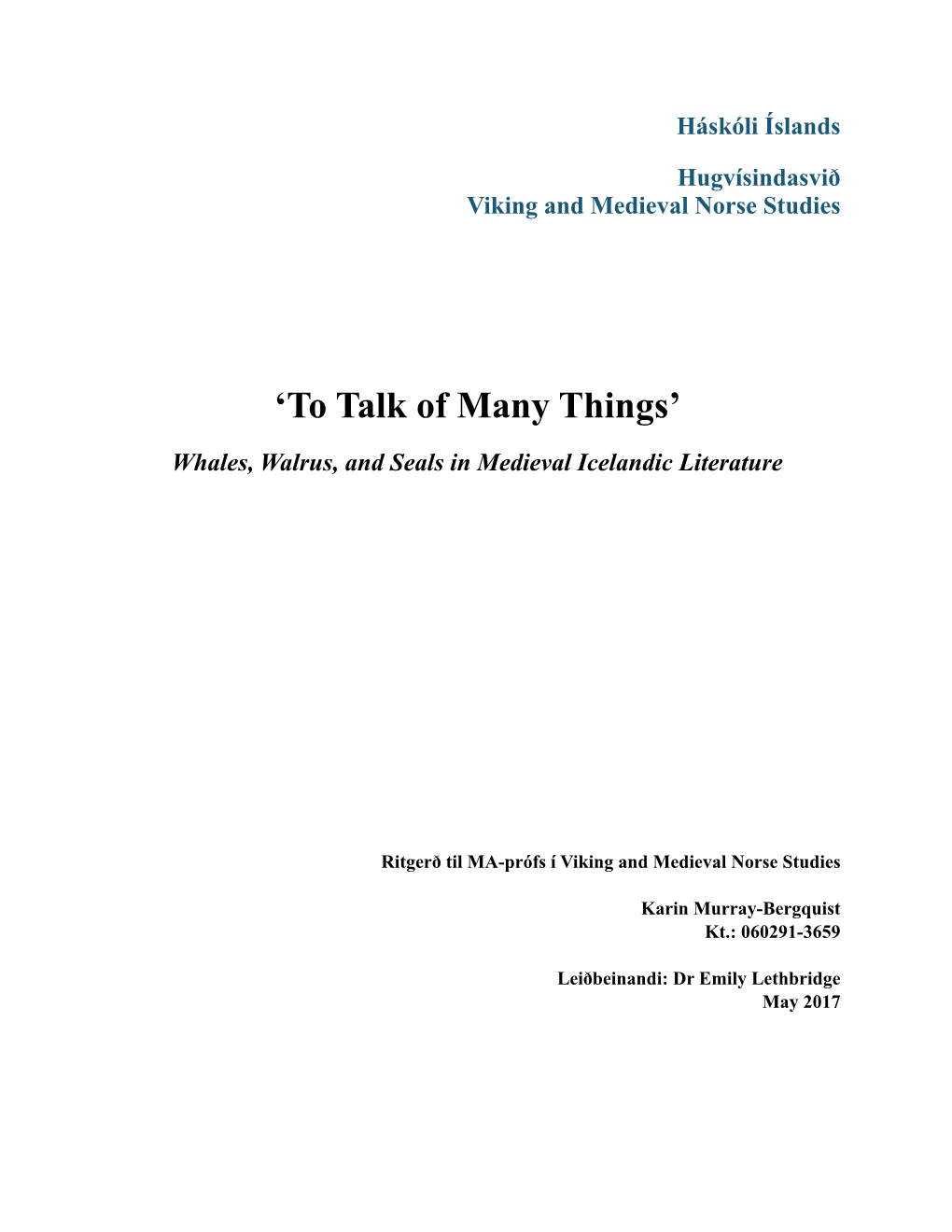 Whales, Walrus, and Seals in Medieval Icelandic Literature