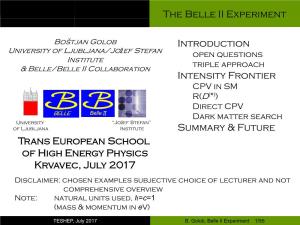 The Belle II Experiment Introduction Intensity Frontier Summary & Future