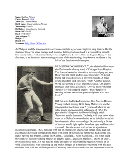 Ad Wolgast and the Incomparable Joe Gans Constitute a Glorious Chapter in Ring History. but the Stories of Thosefor Sheer Courag