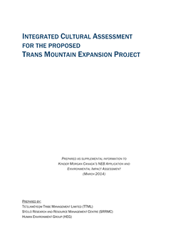 Integrated Cultural Assessment for the Proposed Trans Mountain Expansion Project