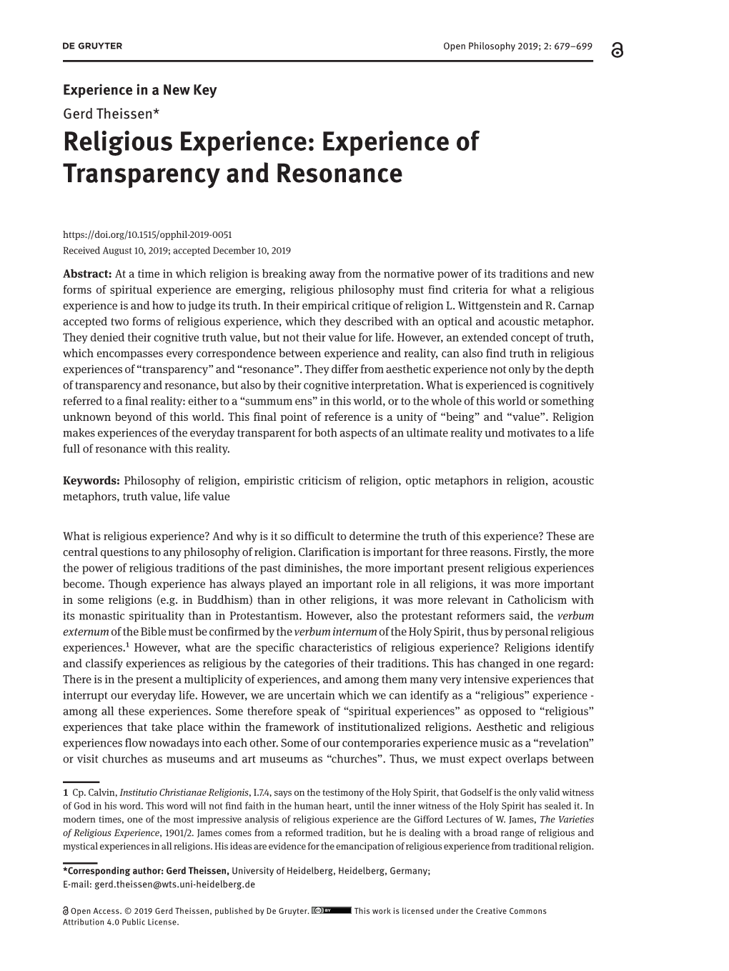 Religious Experience: Experience of Transparency and Resonance