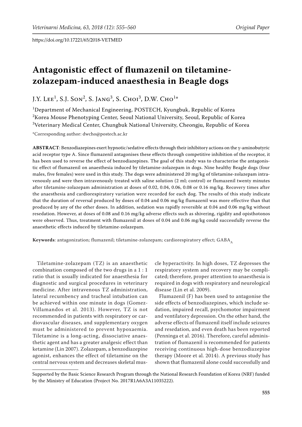 Antagonistic Effect of Flumazenil on Tiletamine- Zolazepam-Induced Anaesthesia in Beagle Dogs