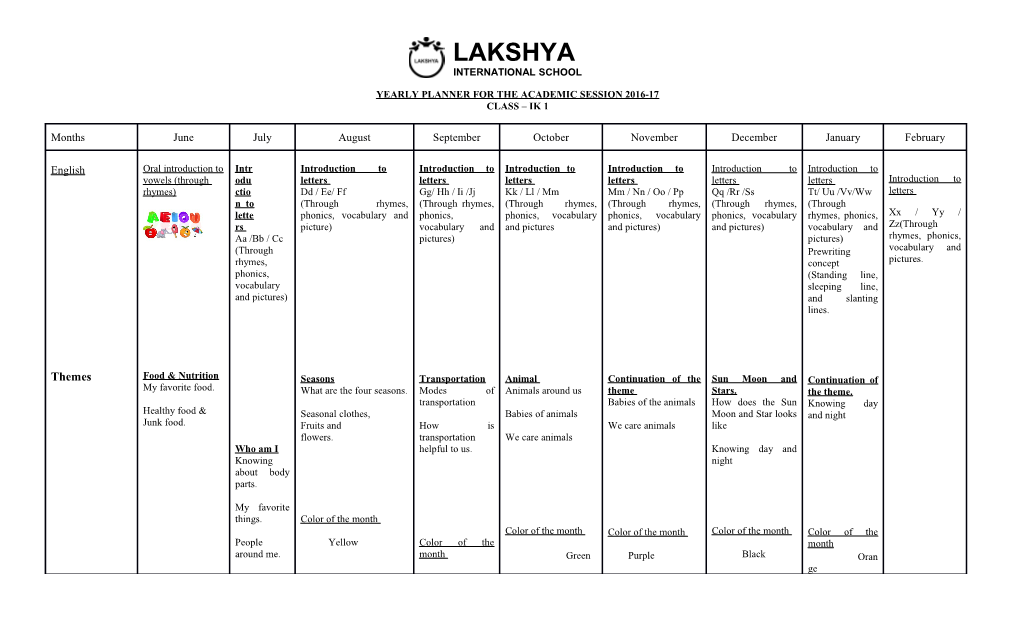 Yearly Planner for the Academic Session 2016-17