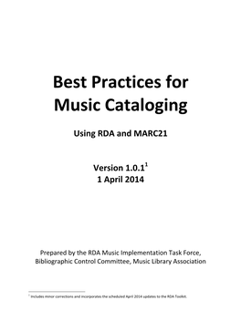 Best Practices for Music Cataloging – Version 1.0.1, 4/1/14