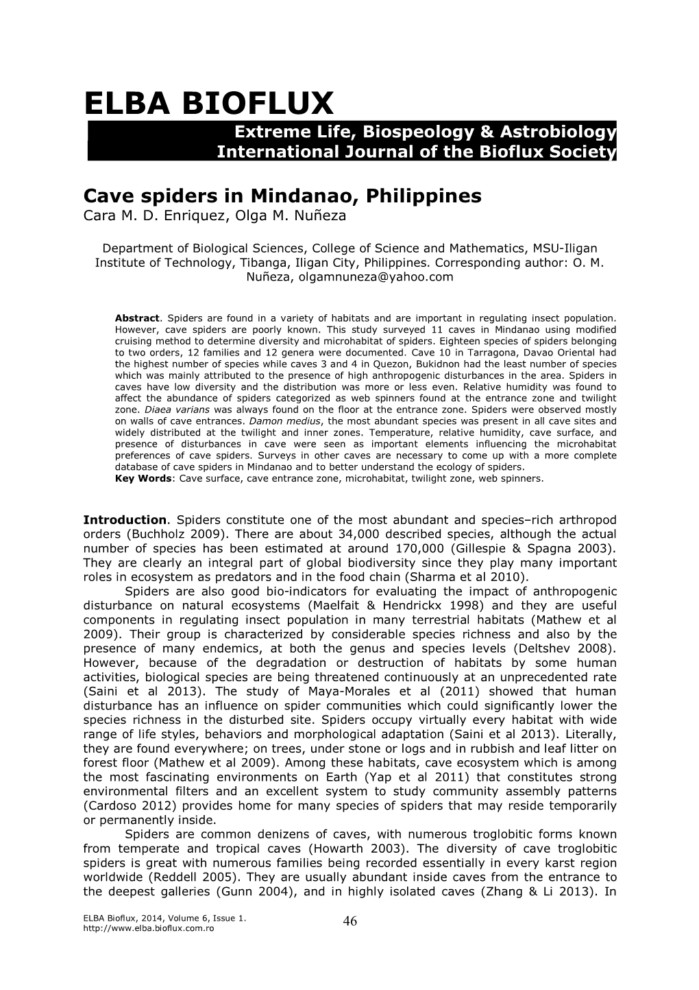 Enriquez C. M. D., Nuneza O. M., 2014 Cave Spiders In